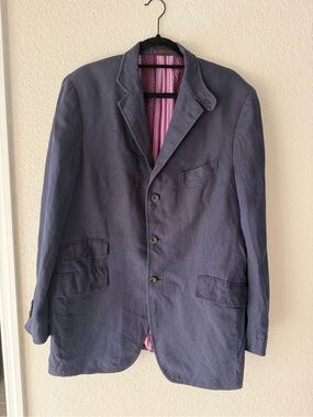 Etro Italy Vintage Home Blazer Navy Linen Wool Jacket IT 56 US 46 Patch Pockets